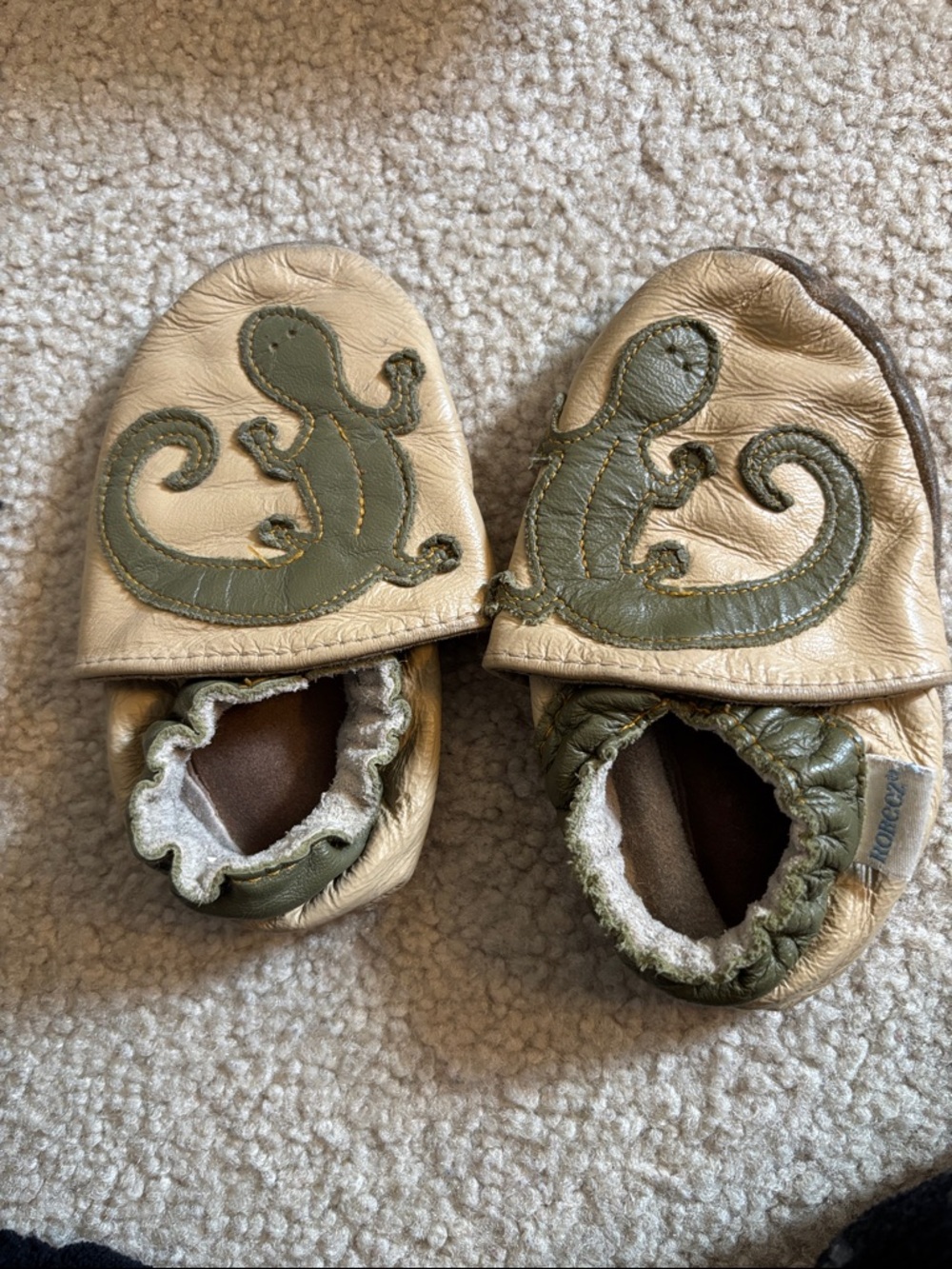 Robeez Beige and Olive Leather Baby Moccasins